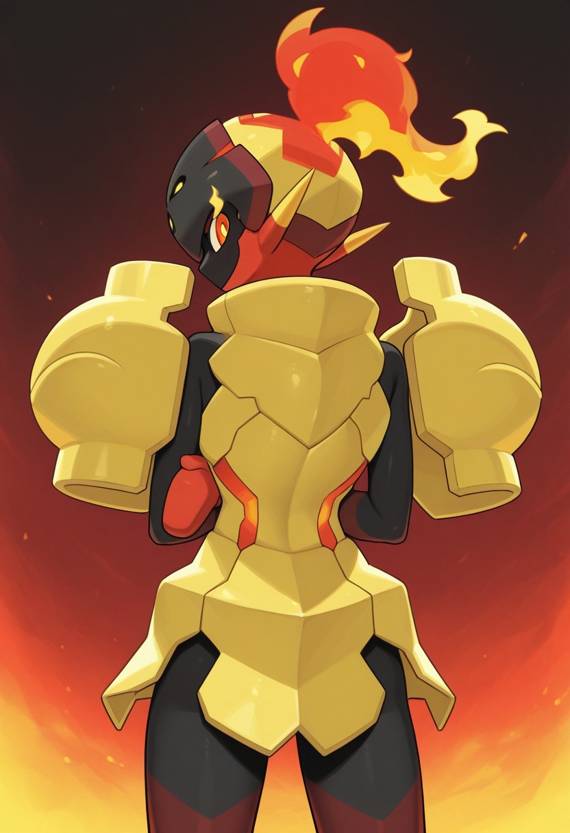 best quality, masterpiece, armarouge, pokemon, arms crossed, solo, looking at viewer, back view, from behind