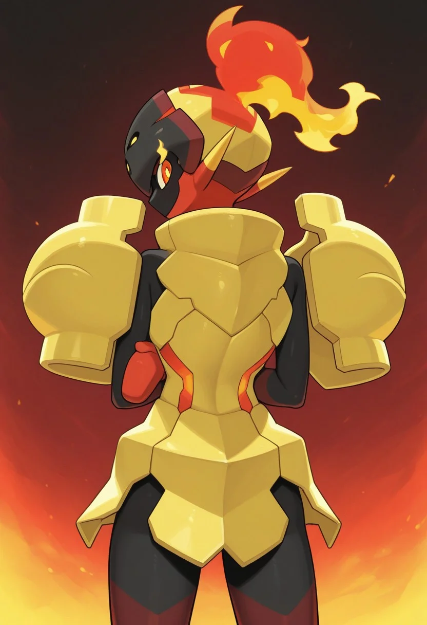 best quality, masterpiece, armarouge, pokemon, arms crossed, solo, looking at viewer, back view, from behind