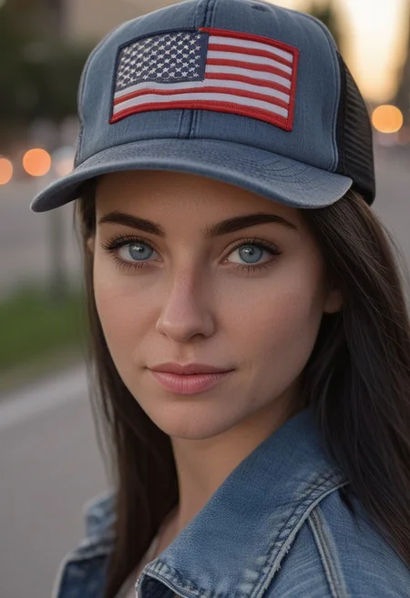 30yo woman holding an American flag.
Blue eyes. perfecteyes
Wearing Denim jacket trucker hat.
Long dark black slick back hair. No makeup. Dusk, Street light. Looking at camera POV. Slight smile, tilting head.. Tilt head.
Medium Close Up shot. Bokeh. Bokeh light.