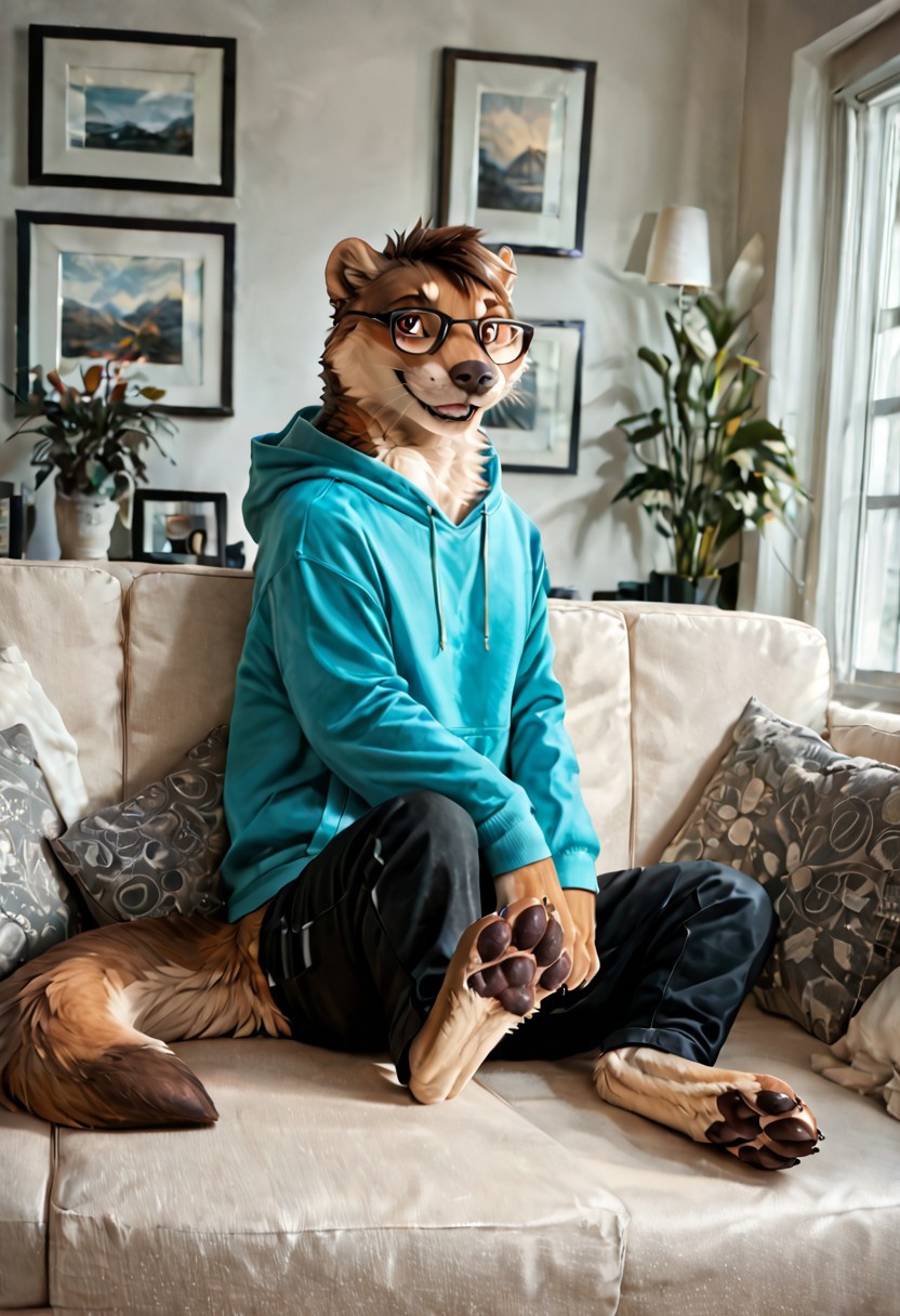 score_9, score_8_up, score_7_up, score_6_up
,
Otter, (clothed feral), (feral), (brown hair, short hair, hair,), (wearing a teal hoodie, black pants), (detailed background), living room, modern living room, smile, (male), fur, hair, solo, high quality, pose, sofa, furred body, paws, handpaw, fluffy, (detailed eyes, brown eyes), 
,
highly detailed, realistic fur, beautiful, photorealism, photorealistic, dslr, photo, expressive, (eyebrows), full body, (glasses), eyewear, window, shelves, topwear, pawpads, paw pads, dutch angle, relaxed
,
sitting on the sofa, source_photo