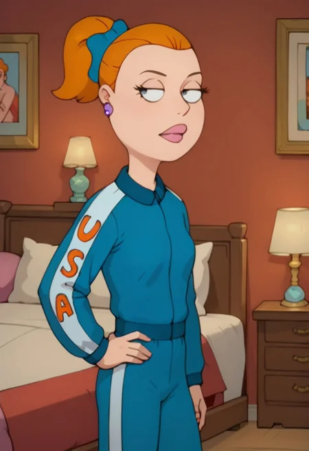 Score_9_up, score_8_up, score_7_up, Expressiveh, 1girl, solo, bwad, ponytail, orange hair, track suit, earrings, hand on hip, bedroom