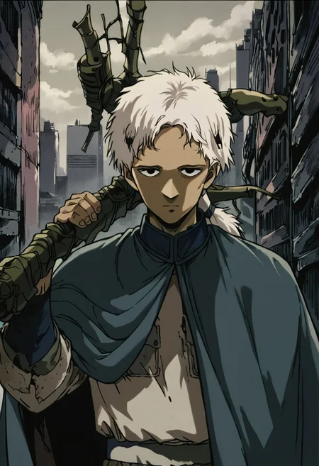score_9, score_8_up, score_7_up, rating_safe, 1boy, b0y, white hair, [low ponytail], weapon, over shoulder, looking at viewer, detailed background, buildings, [cityscape], post-apocalyptic
