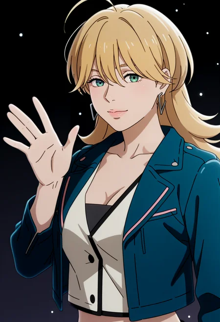 <lora:Gradient_Background:1> Gr_Back, Gradient Background, dark background,(upper body:1.4),female focus, magic light particles, waving at viewer, close up, high detail face,
workoutfit1, 1girl, long blonde hair, bangs, messy hair, blue eyes, medium breast, cleavage | blue jacket, cropped jacket, short jacket, collared jacket, long sleeves, pink trim | white light-colored vest, sleeveless vest, buttoned vest, black bra (visible under vest), tube top (visible under vest), midriff (visible) | black long pants, ripped knees, torn pants,
<lora:Christine_Lazarus _IL:1>