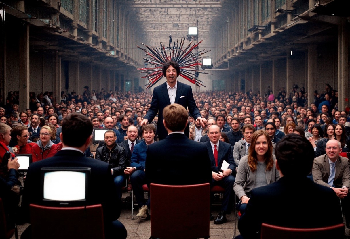 front shot of evangelical preacher in a power suit with multicoloured cables coming out of his head and surrounded by televisions with eyeballs giving a sermon in a disused warehouse with hundreds of people in suits sitting on chairs. the people in the chairs have very wild faces and are laughing. Surrounding him in the background are electric lights floodlights - the scene has a psychedelic quality to it and is kaelidescopic. high detail very sharp detail