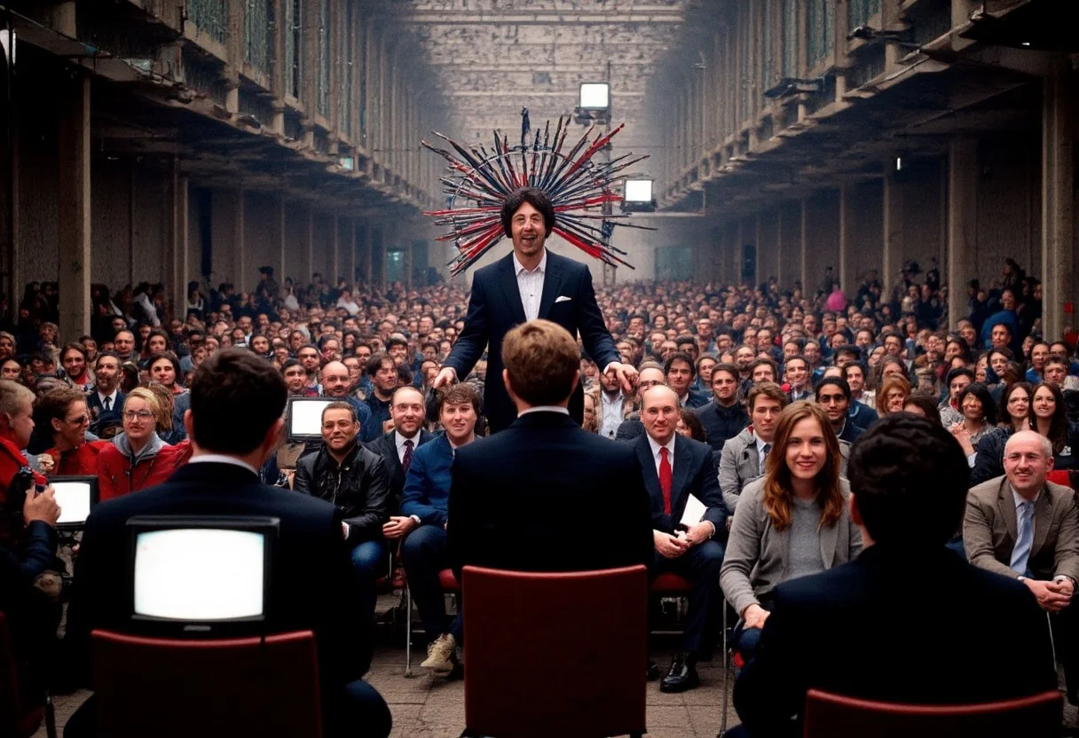 front shot of evangelical preacher in a power suit with multicoloured cables coming out of his head and surrounded by televisions with eyeballs giving a sermon in a disused warehouse with hundreds of people in suits sitting on chairs. the people in the chairs have very wild faces and are laughing. Surrounding him in the background are electric lights floodlights - the scene has a psychedelic quality to it and is kaelidescopic. high detail very sharp detail