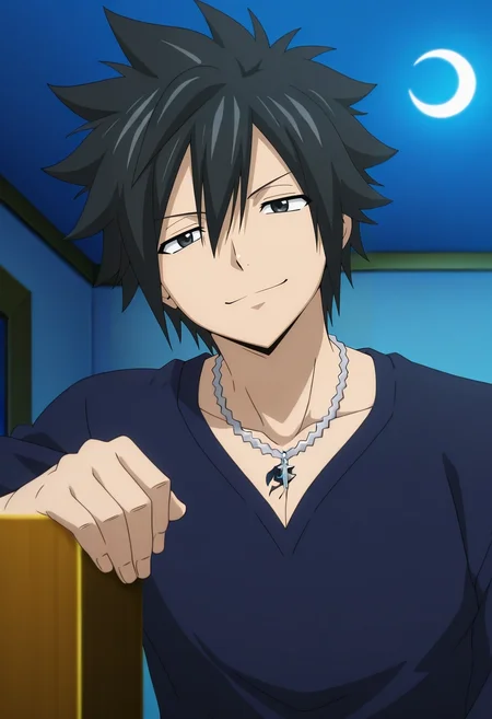 masterpiece, best quality, , anime screencap, anime coloring, official style, , 1boy, solo, male focus, <lora:gray_fullbuster_ilxl:0.96>, gray_fullbuster, black hair, black eyes, spiked hair, hair between eyes, , necklace, asymmetrical, bedroom, (plush), night, crescent moon, leaning on object, half-closed eyes, smile,