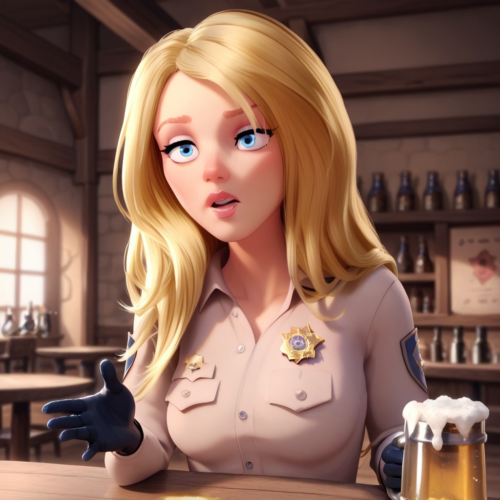 score_9, score_8_up, score_8_up, break, solo, officer_jaffe, blonde hair, long hair, blue eyes, gloves, police uniform, tavern, beer,
