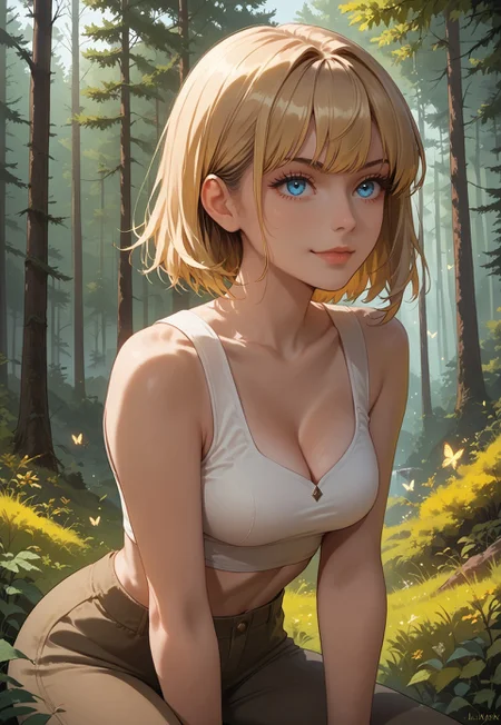 safe_pos, score_9, Score_8_up, portrait, medium shot, rim light, upper body, 

1girl, Blonde hair, brown highlights, bangs, 
short crop top, pants, plaid, medium breasts, 

leaning over, cleavage, hand on knee, glowing butterflies, small iris, smug, mischievous, looking up, 


outside, lush, forest, trees, wildflowers, 
