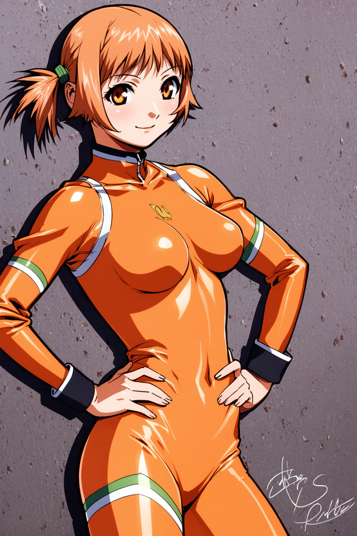 Mikura Suzuki,1girl,solo,orange hair,short hair,hand on own hip,orange bodysuit,breasts,hair ornament,skin tight,signature,orange eyes,smile,medium breasts,covered navel,<lora:Yasuomi Umetsu_XL:0.8>,