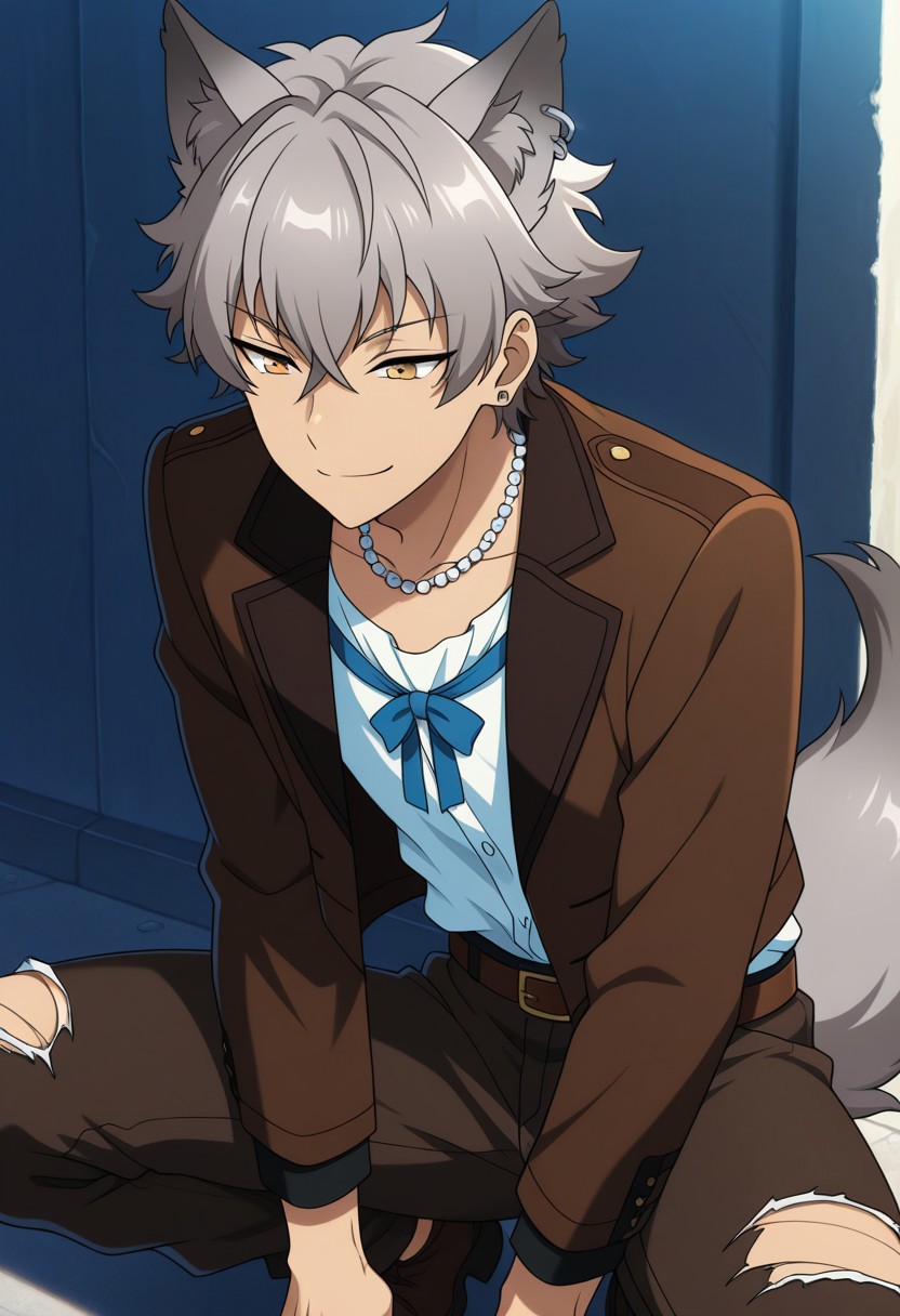 masterpiece,best quality,amazing quality, source_anime, 
kogaoogami, 1boy, male focus, solo, yellow eyes, grey hair, wolf boy, jewelry, earrings, animal ears, wolf ears, collarbone, jewelry, necklace, shirt, white shirt, jacket, brown jacket, bow, blue bow, black nails, belt, brown belt, pants, brown pants, torn pants, tail, wolf tail, squatting, smile,
outdoor,
