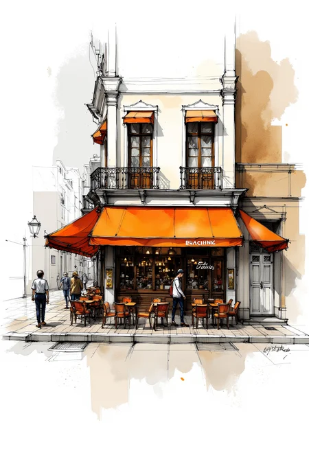 An interior design sketch of a cobblestone street scene with a restaurant with orange awnings and tables and chairs, few people walking on the sidewalk, masterpiece, best quality.
Ink on paper with very fine touches with colored markers, (shadings:1.1), loose lines, Schematic, Conceptual, Abstract, Gestural, Perspective, (Composite View:1.2).