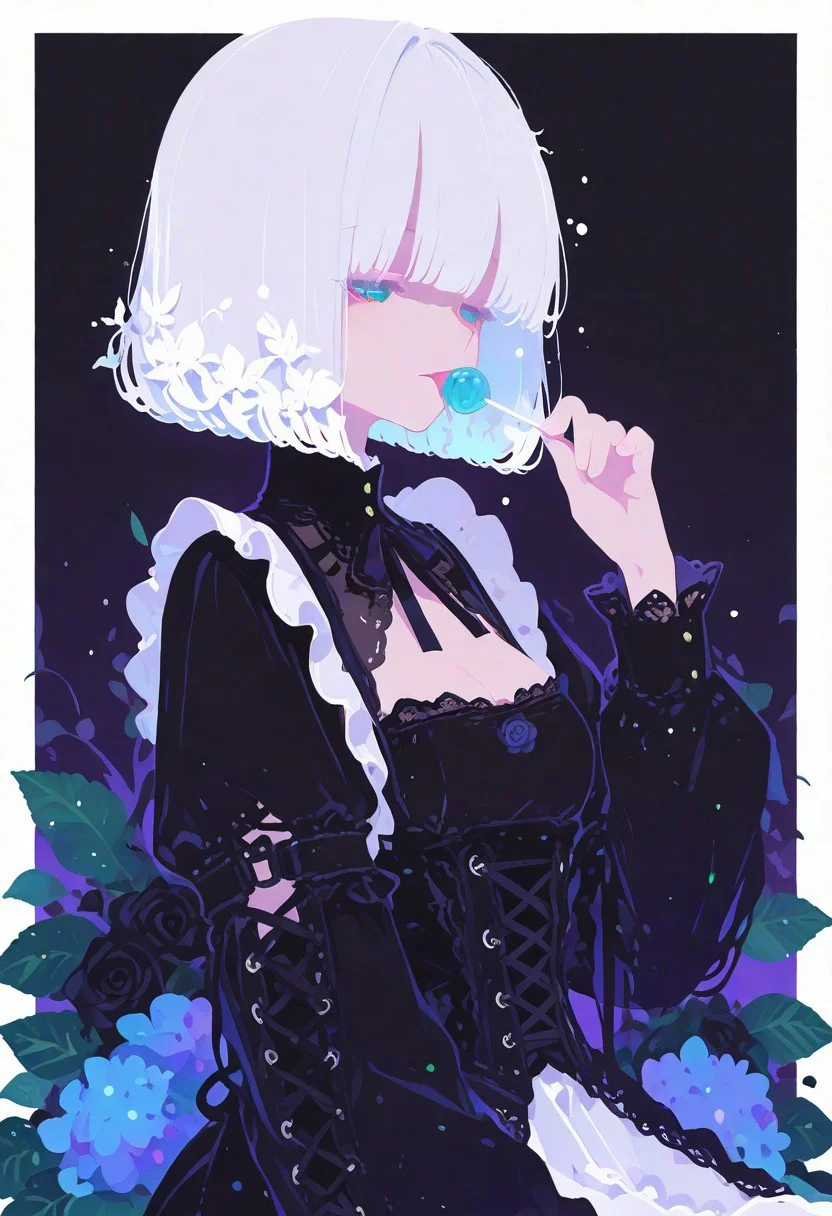 masterpiece, best quality, good quality, newest, highres, absurdres, 
pastel cyan eyes, white hair, bob cut,
victorian black maid dress, frilled skirt, half closed eyes, dazed, emotionless, small breasts, cleavage,
1girl, solo, upper body, roses, hand up, licking lollipop, looking to the side, leaf, red roses, black roses, gradient red background with thick white border,
hydrangea, laced sleeves, Ethereal Brushstroke, Flat vector illustration,
