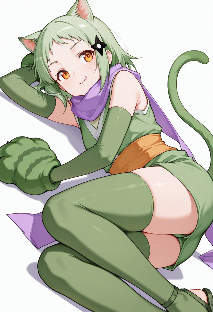 masterpiece,high quality details, absurdres, 
lying on side, one arm supporting head, relaxed legs, soft smile, casual vibe,  ,
 <lora:Mao_Kusagakure:0.8>
mao_cnr, 1girl, green hair, short hair,orange eyes, cat ears,cat tail,hair ornament,
ninja, japanese clothes, kimono, sleeveless kimono,purple scarf,elbow gloves,green thighhighs, sandals,paw gloves,cat paws,, :q,, simple background, white background, dynamic angle,solo,