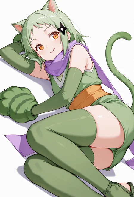 masterpiece,high quality details, absurdres,
lying on side, one arm supporting head, relaxed legs, soft smile, casual vibe, ,
<lora:Mao_Kusagakure:0.8>
mao_cnr, 1girl, green hair, short hair,orange eyes, cat ears,cat tail,hair ornament,
ninja, japanese clothes, kimono, sleeveless kimono,purple scarf,elbow gloves,green thighhighs, sandals,paw gloves,cat paws,, :q,, simple background, white background, dynamic angle,solo,