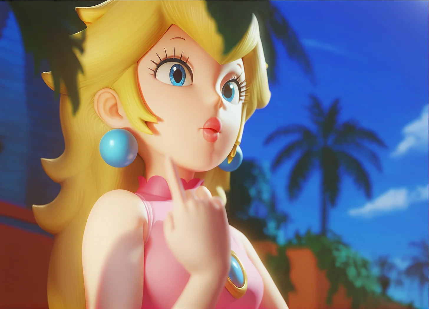 score_9,score_8_up,score_7_up, [cartoon, vector art, anime : :0.30], very aesthetic, 1girl, (Princess Peach), 1girl. solo, princess peach, blonde hair, blue eyes, earrings, long hair, makeup, eyelashes, parted lips, anime coloring,  blue sky, blurry, blurry background, blurry foreground, bokeh, cloud, day, depth of field, leaf, letterboxed, female focus, outdoors, palm leaf, palm tree, plant, potted plant, sky, solo, finger pointing up,  <lora:PrincessPeachXL:1>