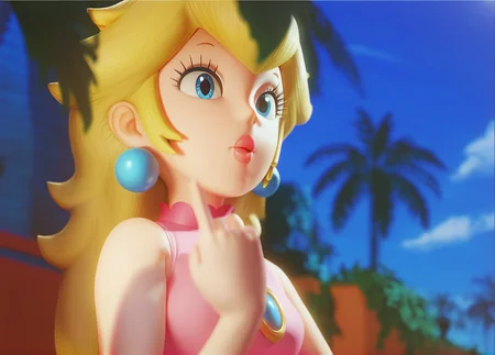 score_9,score_8_up,score_7_up, [cartoon, vector art, anime : :0.30], very aesthetic, 1girl, (Princess Peach), 1girl. solo, princess peach, blonde hair, blue eyes, earrings, long hair, makeup, eyelashes, parted lips, anime coloring,  blue sky, blurry, blurry background, blurry foreground, bokeh, cloud, day, depth of field, leaf, letterboxed, female focus, outdoors, palm leaf, palm tree, plant, potted plant, sky, solo, finger pointing up,  <lora:PrincessPeachXL:1>