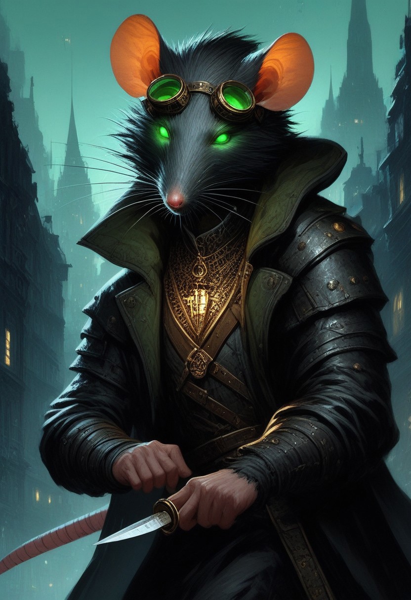 BREAK score_9, score_8_up, score_7_up,  victorian city, night, ominous, solo,  rat man, black longcoat, wearing goggles, green glow eyes, hood, knife, dynamic pose, leaning forward, fully body shot , leather armour, sneaking
(masterpiece, best quality, ultra detailed, intricate details:1.2), (detailed face:1.1), (rat folk:1.5) <lora:RPGRatFolkXL:1>