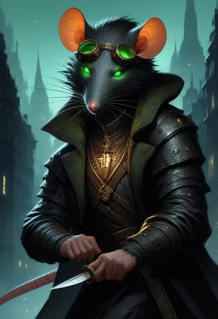 BREAK score_9, score_8_up, score_7_up, victorian city, night, ominous, solo, rat man, black longcoat, wearing goggles, green glow eyes, hood, knife, dynamic pose, leaning forward, fully body shot , leather armour, sneaking
(masterpiece, best quality, ultra detailed, intricate details:1.2), (detailed face:1.1), (rat folk:1.5) <lora:RPGRatFolkXL:1>