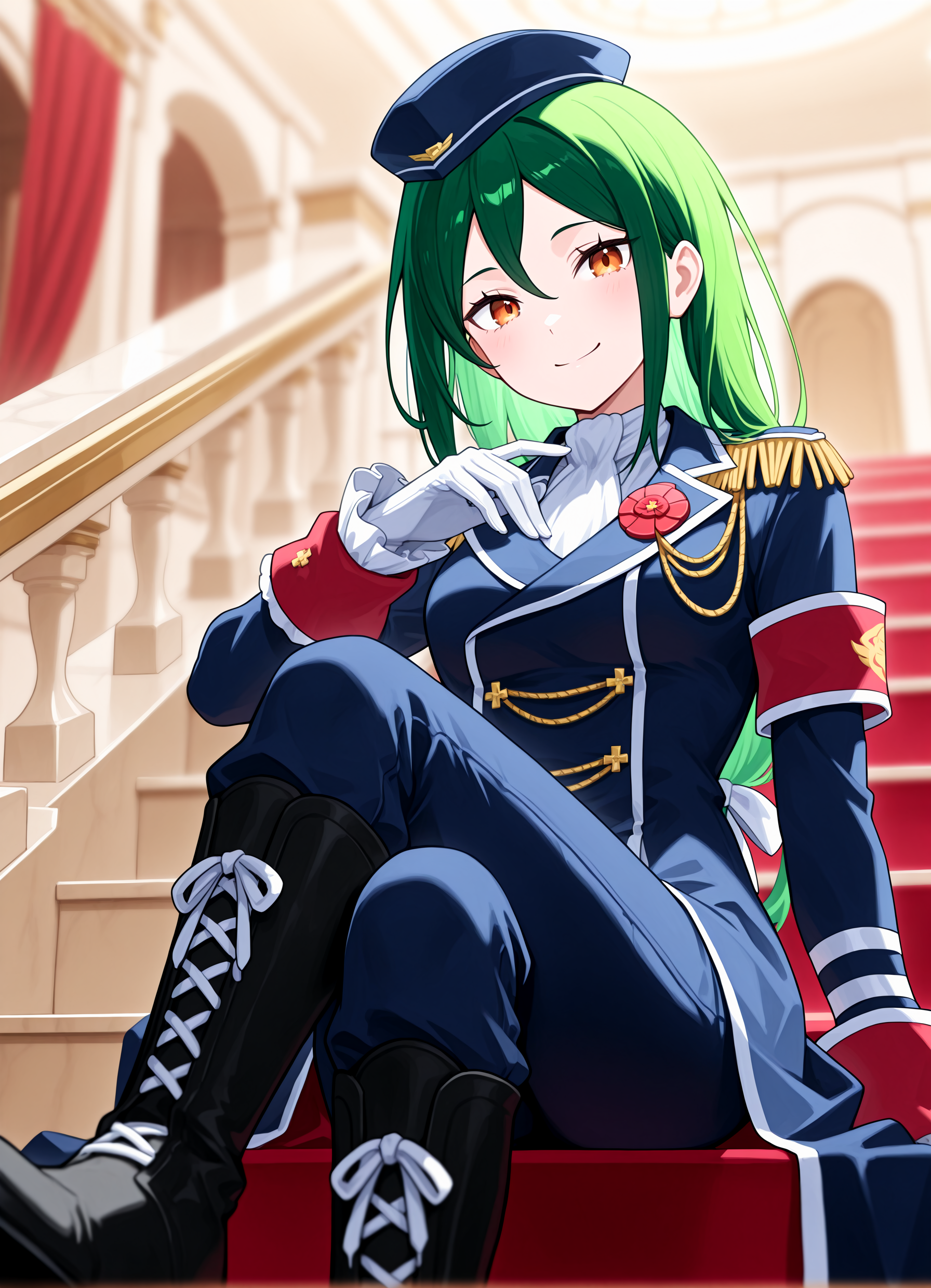 1girl, <lora:kncrusch_sn55:1>, crksn, green hair, blue hat, lower hair ribbon, dark blue coat, white gloves, single armband, frilled sleeves, red ornament, blue pants, black boots, white boot laces, sitting on stairs,
ballroom, smile, looking at viewer, center focus, depth of field, straight shot,
high resolution, ultra-detailed, absurdres, masterpiece, best quality, good quality, newest,
