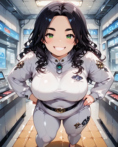 IllusP0s, PonyScores7, source_anime, ah1, IllustriousQual, interesting, exciting, spectacular, wonderful, amazing quality, absolutely eye-catching, 
BREAK <lora:xl_more_art-full_v1:0.2>, <lora:aesthetic_anime_v1s:0.2>, <lora:EpicF4nta5yXL:0.2>, <lora:detailxl:0.2>, detailxl, <lora:Fant5yP0ny:0.2>, amazing quality, best aesthetic, absurdres, illustration, Volumetric_Lighting, ultra-detailed, very aesthetic, intricate details, best_quality,  lazympos, <lora:Add_Details_v1.2:0.4>, <lora:quality_modifiers_masterpieces_v1:0.2>, <lora:ZootPonyAnime_V1_r2:0.2>, <lora:Bestifacator2:0.2>, anime style,
BREAK (((contrapposto, hand on hip))), <lora:DynamicPoseIL2att_alpha1.0_rank4_noxattn_900steps:0.2>, dynamic pose, foreshortening, extreme perspective, <lora:dynamic_anime_art_illustriousXL:0.2>, dynamic_anime_art,
BREAK Stable_Yogis_PDXL_Positives, AS-Adult, <lora:Complicated fantasy portrait - XL Pony V2.0:0.2>, bad-hands-5, <lora:HDA_Detailer:0.3>, <lora:natsumi_style:0.2>, <lora:by_usakun-pony:0.2>, by usakun, <lora:Akina_Bbw_Style_-_PonyXL:0.2>, AkinBw, (((wide shot))),
BREAK 1girl, mature female, (curvy), round-chin, caucasian, <lora:ETO_OC_Illustrius:0.5>, eto_oc, skindentation, (plump), thick thighs, wide hips, busty, voluptuous, <lora:plussizegirls_IL:0.3>, <lora:plussizegirls_pony:0.3>, <lora:Venus body IXLS3_alpha16.0_rank32_full_last:0.3>, <lora:shinyskin2:0.2>, glistening skin, HDA_FatGirlXL, round ass, large breasts, <lora:perfection style:0.2>, perfection style, perfection, 
BREAK ((soft lavender lace bodysuit with a matching skirt and lavender heels)),
BREAK (curly hair), long hair, (black hair:1.4), (parted hair:1.7), messy hair, kinky curls, <lora:hairdetailpxl:0.2>, hairdetailpxl,
BREAK (half green and brown eyes), (colorful eyes), (multicolored eyes), (downturned eyes:1.4), expressive eyes, <lora:perfect-eyes:0.4>, perfecteyes, EyesHD, (round face:1.2), (thick eyebrows:1.3), (plump face), <lora:Round_face:0.2>, lips, <lora:DetailedEyes_xl_bdsqlsz_V1:0.2>, <lora:Eyes_Lora_Pony_Perfect_eyes:0.2>,
BREAK (((cheeky expression, Grin with one side raised, playful eyes expression))), <lora:Expressive_H:0.2>, Expressiveh, <lora:Emotional_Anime_Expressions_PonyXL_Concept:0.2>, emotional, <lora:Best_Facial_Expression_LoRA_PONY:0.2>, looking at viewer, <lora:Detailed expressive EXEV style -XL Pony V1.0:0.2>, FaceDetail, <lora:Best_Facial_Expression_Helper_XTREME_ILLU:0.4>, kaogei,
BREAK (((conveyor belt in a warehouse))), <lora:Background Detailer - SDXL:0.2>, 4k, 8k, Ultra HD, Masterpiece, Best quality, Detailed background, <lora:Add_more_details_V2_XLpony:0.2>, full_details, <lora:background-type1:0.2>, <lora:AddMicroDetails_Illustrious_v2:0.2>, addmicrodetails, SmoothNoob_Quality, <lora:ani40o_stabilizer_v0.6:0.3>,