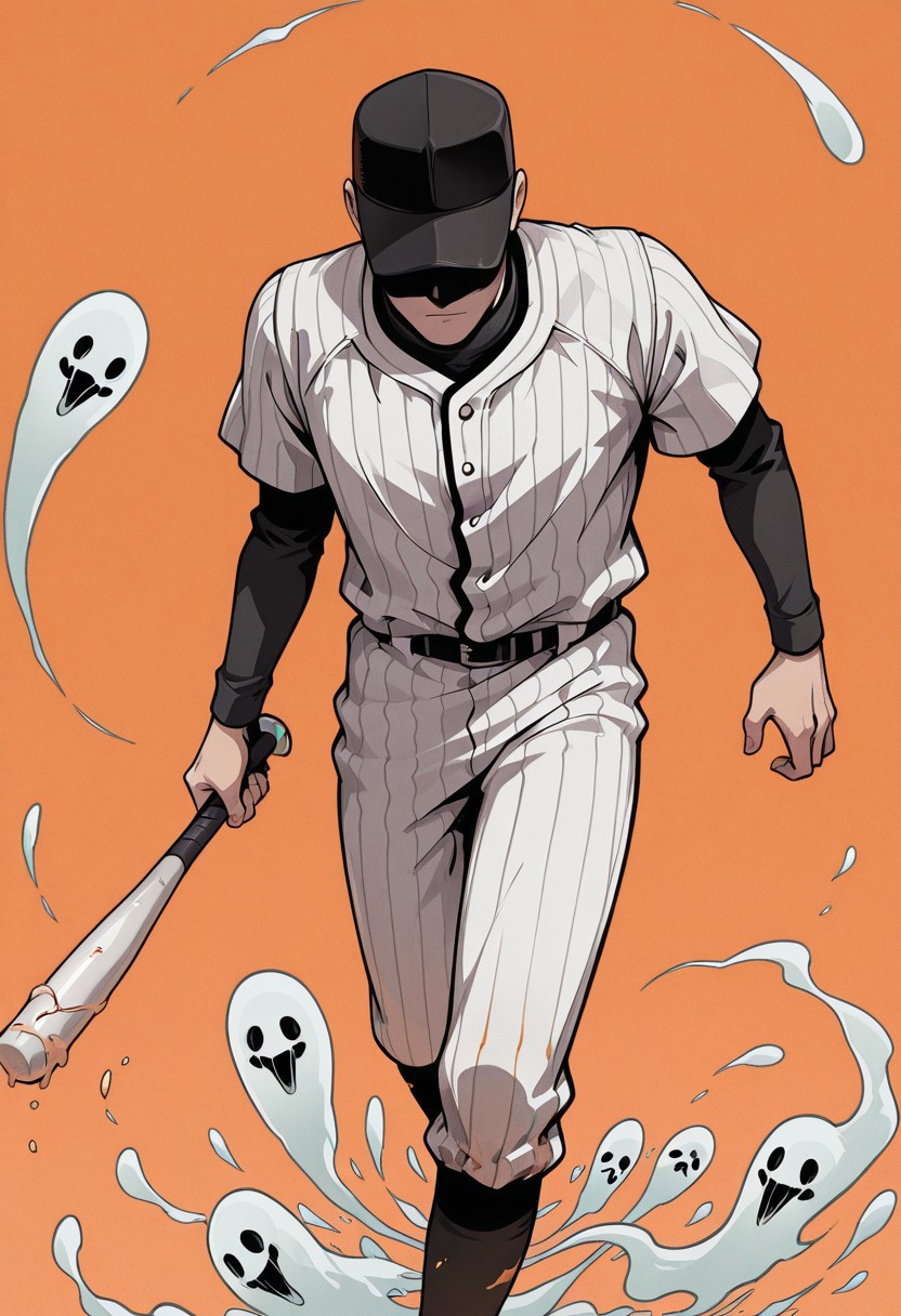 batter_off, 1boy, baseball suit with stripes, holding bat, moving towards viewer, black cap, hidden face,  orange background, ghosts