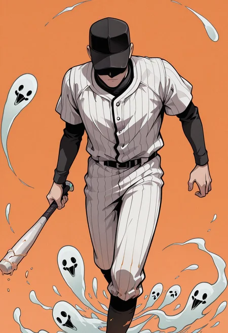 batter_off, 1boy, baseball suit with stripes, holding bat, moving towards viewer, black cap, hidden face, orange background, ghosts