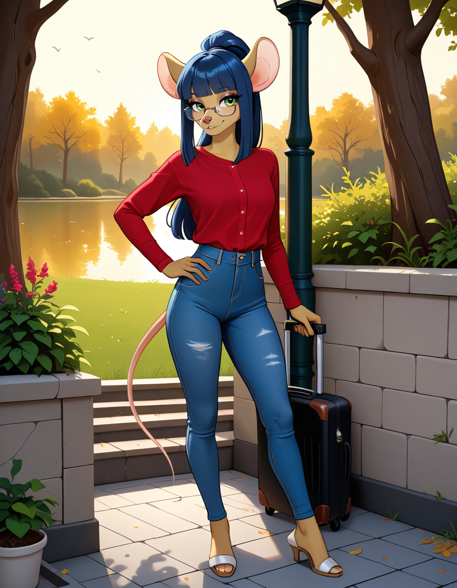 masterpiece, best quality, very aesthetic, absurdres,
outdoors,casual, 
full body, standing, posing, 
seductive smile, parted lips, long eyelashes,
<lora:Dewey_Teagarden_v01_NAIXL:1>
D3w3y,1girl,solo,furry,furry female,mouse girl,mouse ears,long hair,blue hair,high ponytail,sidelocks,blunt bangs,green eyes,semi-rimless eyewear,snout,animal nose,body fur,yellow fur,mouse tail,