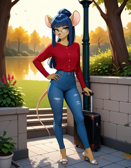 masterpiece, best quality, very aesthetic, absurdres,
outdoors,casual,
full body, standing, posing,
seductive smile, parted lips, long eyelashes,
<lora:Dewey_Teagarden_v01_NAIXL:1>
D3w3y,1girl,solo,furry,furry female,mouse girl,mouse ears,long hair,blue hair,high ponytail,sidelocks,blunt bangs,green eyes,semi-rimless eyewear,snout,animal nose,body fur,yellow fur,mouse tail,
