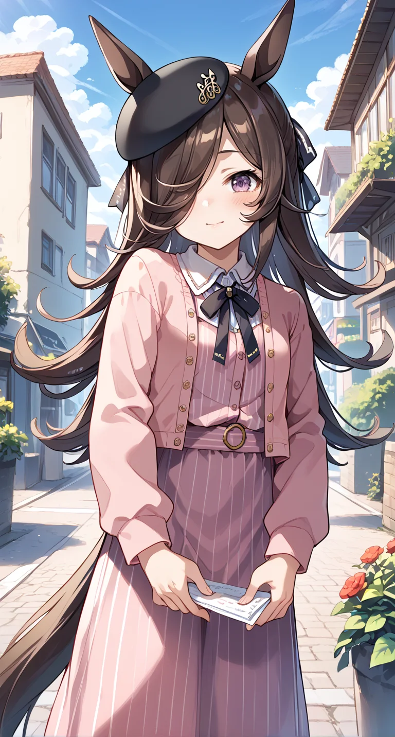 score_9,score_8_up,score_7_up,
official art,official style,game cg,megami magazine,
1girl,
rcs casual2,rice shower (umamusume),
animal ears,bangs,beret,black headwear,black pantyhose,black ribbon,
blurry,blush,brown hair,collared shirt,eyebrows visible through hair,
hair over one eye,hat,horse ears,horse girl,horse tail,jacket,long hair,long sleeves,
pink cardigan,pink dress,pink jacket,pink vest,pink skirt,purple eyes,ribbon,shirt,
skirt,striped,striped shirt,tail,tilted headwear,vertical stripes,vertical-striped skirt,
violet eyes,
standing,
<lora:umamusume_rice_shower2_pony_v1:1>,