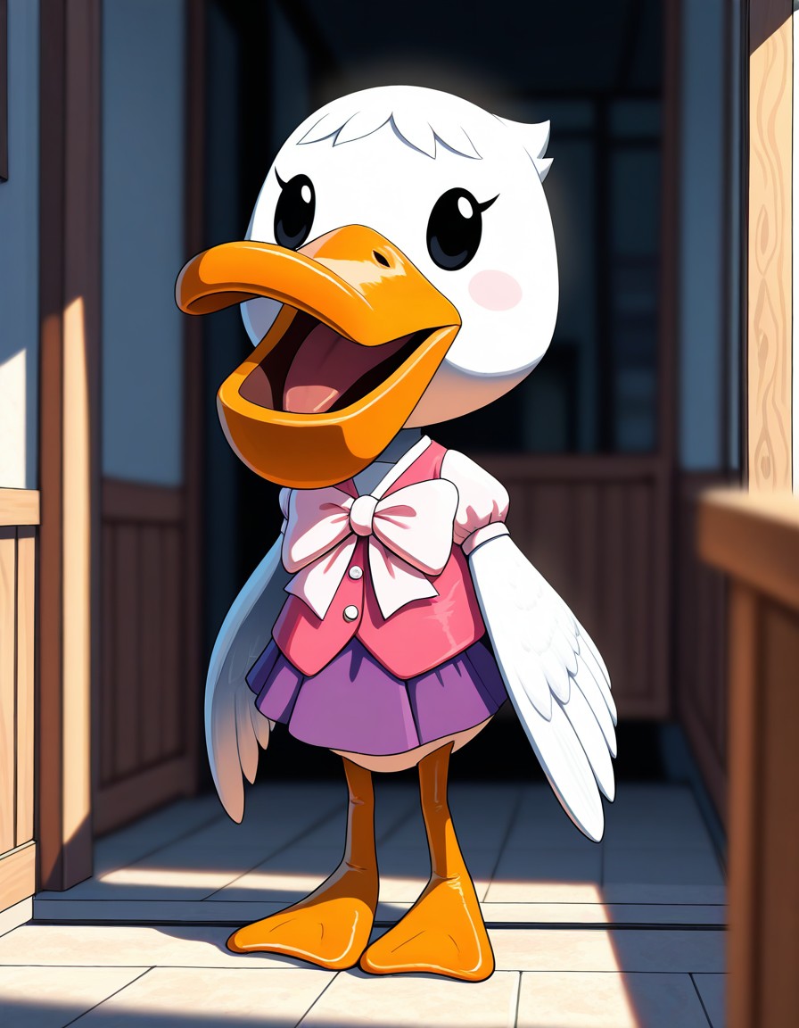 masterpiece, newest, absurdres, safe, masterpiece, best quality, amazing quality, very aesthetic, high resolution, ultra-detailed, Pelly-AC, Pelican, white skin, orange beak, orange stripped palmate feet, feather, black eyes, barefoot, pink outfit with big white bow on it, purple skirt BREAK, depth of field, ultra-detailed, absurdres, newest, scenery, volumetric lighting,  colored skin, blurry, red bow, no humans, bow, skirt, <lora:eb6d89c9-f366-45ae-9645-78ac0a8bef23:0.7>