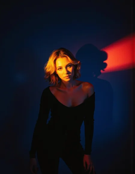 The image is a photograph of a woman standing against a dark, deep blue background. The lighting creates a dramatic, moody atmosphere with two distinct beams of light, one in a warm, golden hue and the other in a deep red. The woman is positioned slightly off-center, her face and upper body illuminated by the warm light, which casts a golden glow on her fair skin and short, wavy hair. She has a slender, athletic build and is dressed in a black, long-sleeved top that contrasts sharply with her illuminated face and hair. <lora:Synesthesia:0.45>