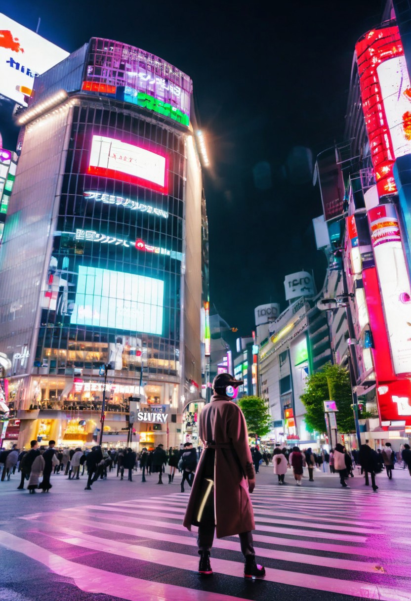 ((futuristic setting)),1man wearing futuristic reality goggles with red and green lights, walking in a futuristic city with a digital billboard behind, ((cyberpunk)), the city has bright pink and aqua neon lights,
BREAK,
the man is wearing a brown long overcoat with gray sweater and dark jeans pants with red glowing details,
BREAK,
shibuyaSK, night, road, city, street, crosswalk, multiple people, cyberpunk scenery, sign, outdoors, real world location, lamppost, building, cityscape, 6+people, traffic light, sidewalk, car, ((pink and aqua neon lights)), sky, pavement, skyscraper, vanishing point, night sky,
BREAK,
middle range picture, depth of field, best quality, digital art style, masterpiece,