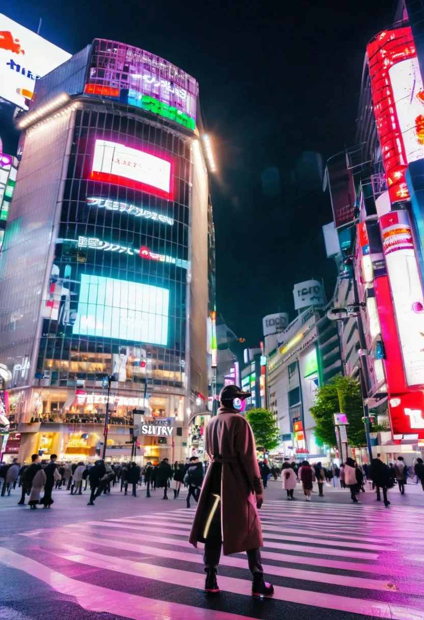 ((futuristic setting)),1man wearing futuristic reality goggles with red and green lights, walking in a futuristic city with a digital billboard behind, ((cyberpunk)), the city has bright pink and aqua neon lights,
BREAK,
the man is wearing a brown long overcoat with gray sweater and dark jeans pants with red glowing details,
BREAK,
shibuyaSK, night, road, city, street, crosswalk, multiple people, cyberpunk scenery, sign, outdoors, real world location, lamppost, building, cityscape, 6+people, traffic light, sidewalk, car, ((pink and aqua neon lights)), sky, pavement, skyscraper, vanishing point, night sky,
BREAK,
middle range picture, depth of field, best quality, digital art style, masterpiece,