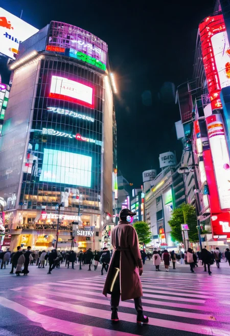((futuristic setting)),1man wearing futuristic reality goggles with red and green lights, walking in a futuristic city with a digital billboard behind, ((cyberpunk)), the city has bright pink and aqua neon lights,
BREAK,
the man is wearing a brown long overcoat with gray sweater and dark jeans pants with red glowing details,
BREAK,
shibuyaSK, night, road, city, street, crosswalk, multiple people, cyberpunk scenery, sign, outdoors, real world location, lamppost, building, cityscape, 6+people, traffic light, sidewalk, car, ((pink and aqua neon lights)), sky, pavement, skyscraper, vanishing point, night sky,
BREAK,
middle range picture, depth of field, best quality, digital art style, masterpiece,