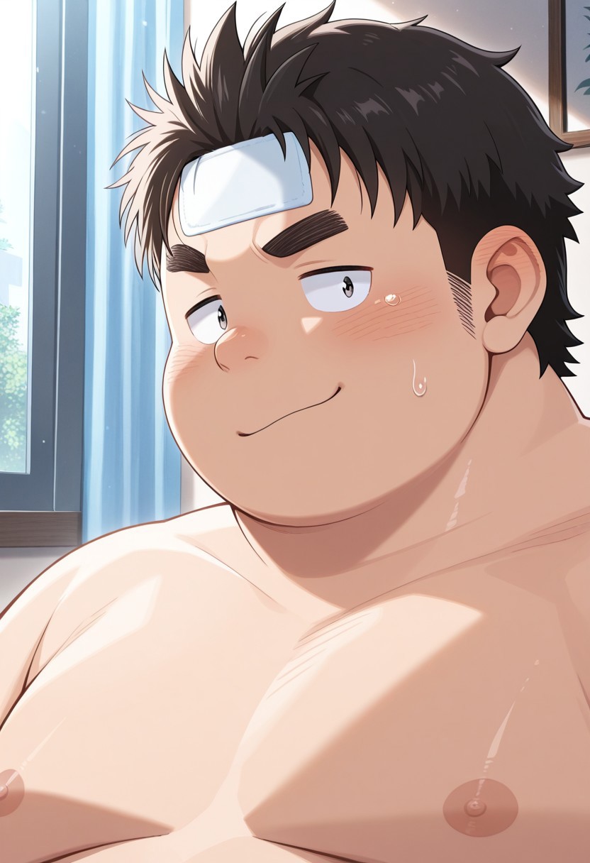 (masterpiece, best quality, amazing quality, detailed background,) inomori, 1boy, solo, fat man, male, male focus, black Short hair, Cooling patch (on forehead), fat face, Round face, Thick eyebrows, black eyes,