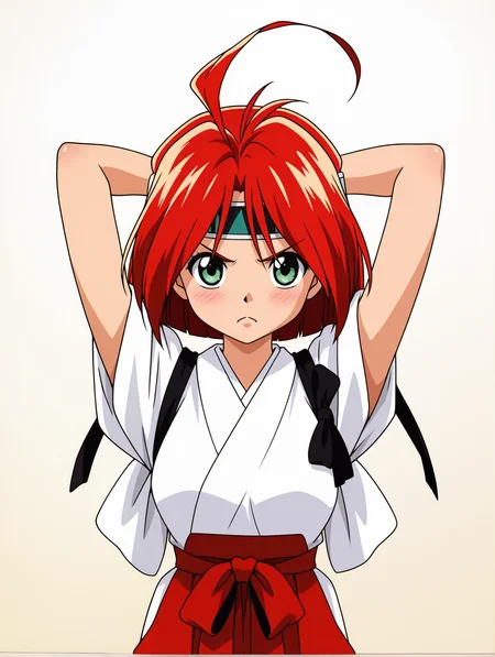 masterpiece,best quality,newest,
1girl,solo,
anime screencap,<lora:hinageshi_ilxl_v1.1:1>,hinageshi,ahoge,green eyes,h_b_clothes,headband,miko,sleeves rolled up,tasuki,red hakama,
<lora:Fixhands_anime_bdsqlsz_V1:1>,looking_at_viewer,face_focus,light_blush,white_background,simple_background,front view,portrait,serious,arms up,standing,cowboy_shot,arm_behind_head,