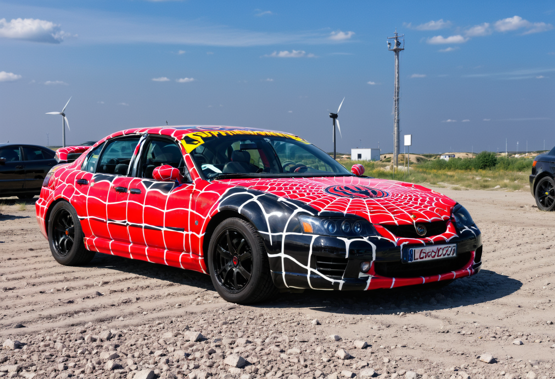 lgcrs,a  car looking like a spiderman,with aggressive color pattern,neon black,parked before a black tower in a wasteland,with headlights on,lion like,<lora:Retro_Cars-000011:0.8>,