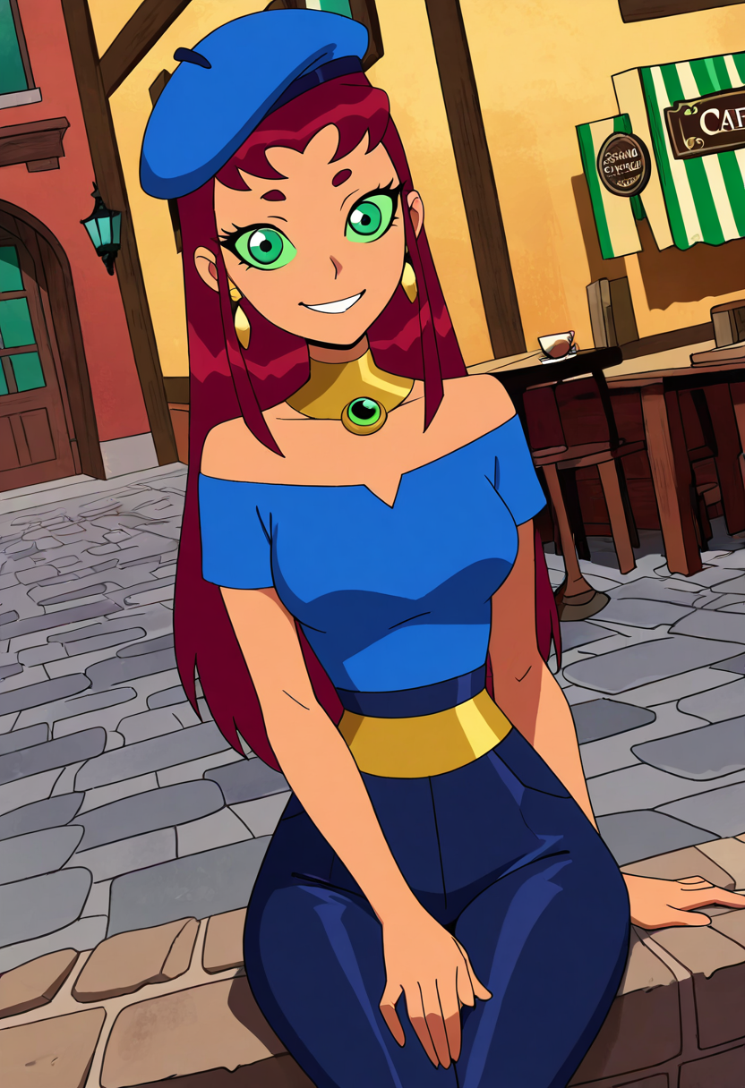 masterpiece, best quality, solo, curvy, beautiful eyes,  narrow waist, wide hips,  strfr, green eyes, red hair, long hair, colored sclera, green sclera, smile, looking at viewer,   ,       <lora:StarfireTT_IXL:1.0>,   dynamic angle, foreshortening, close up, [French Chic Café], Beret, off-shoulder blouse, high-waisted trousers, gold earrings, Sitting at an outdoor European café, enjoying espresso beneath striped awnings on a cobblestone street.