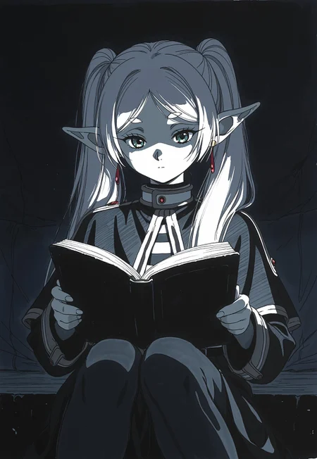 masterpiece, best quality, dark theme, 1girl, 1990s \(style\), 1994, traditional media, rough sketch, linear hatching, frieren, reading book