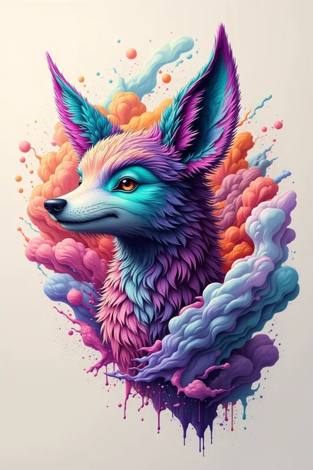 A close-up profile of a whimsical creature amidst a fluxing tration of swirling clouds and misty tendrils. The subject's features are rendered in vibrant hues, with bold brushstrokes and textured fur blending seamlessly into the soft, gradient-filled background. A simple yet striking composition that showcases the creature's unique essence. fluxtration