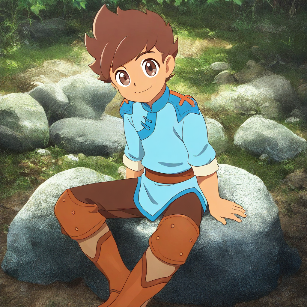 masterpiece, best quality, solo, lu_mhs, 1boy, brown hair, brown eyes, shirt, pants, belt, boots, sitting, rock, outdoors, looking at viewer, smile