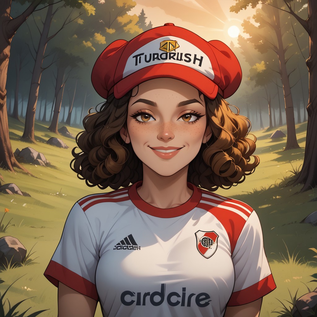 score_9, score_8, BREAK, solo, multicolored jamaican headwear, brown hair, curly hair, freckles, lips, RiverPlate, striped shirt, striped, shirt, white shirt, short sleeves, clothes writing, sportswear, soccer uniform, Total Drama, Laurie_(\Total_Drama\), breasts, sexy pose, self portrait, smile, looking at viewer, outdoors, sunlight, shadows, evening lighting, natural lighting, forest, trees, grass, orange sky, sunset