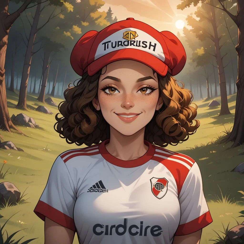 score_9, score_8, BREAK, solo, multicolored jamaican headwear, brown hair, curly hair, freckles, lips, RiverPlate, striped shirt, striped, shirt, white shirt, short sleeves, clothes writing, sportswear, soccer uniform, Total Drama, Laurie_(\Total_Drama\), breasts, sexy pose, self portrait, smile, looking at viewer, outdoors, sunlight, shadows, evening lighting, natural lighting, forest, trees, grass, orange sky, sunset