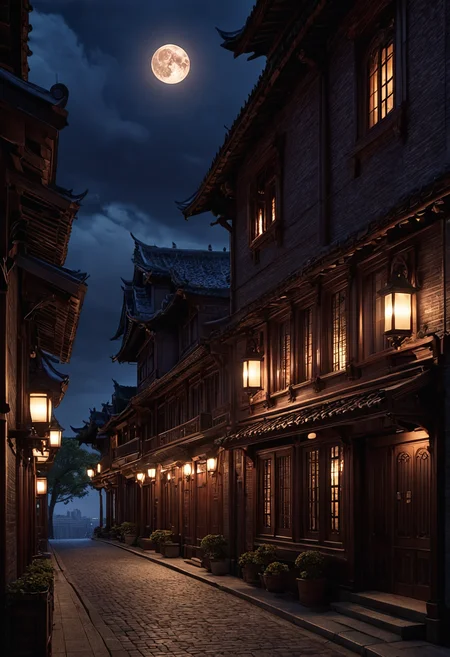 professional 3d model <lora:3vg3nylushp1n:1>,3vg3nylushp1n,evgeny,lushpin,scenery,, architecture, building, city, cloud, east asian architecture, full moon, moon, moonlight, night, night sky, outdoors, scenery, sky, tower, a dark street with a full moon in the sky above it and a person walking down the street at night, Evgeny Lushpin, matte painting, a matte painting, gothic art, (Height, 5 feet 6 inches (167 cm):1), (Build, Slim, slightly willowy frame:1), (Hair, Thick, bushy brown hair, often untamed and wild:1), (Eyes, Warm brown eyes:1), (Skin, Fair complexion with a natural, slightly rosy undertone:1), . octane render, highly detailed, volumetric, dramatic lighting