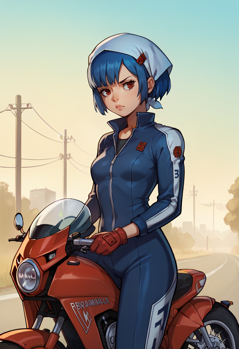 score_9, score_7_up, 1girl, on motorcycle, serious, <lora:zs_AikaXL:1> aikap4, short hair, blue hair, red eyes, head scarf, bikesuit, gloves, outdoors