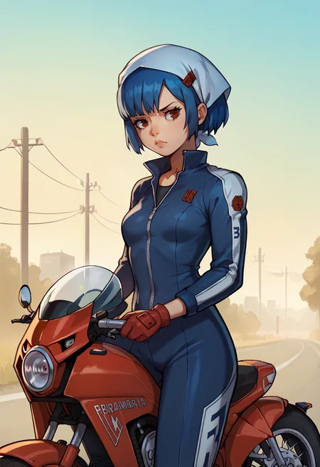 score_9, score_7_up, 1girl, on motorcycle, serious, <lora:zs_AikaXL:1> aikap4, short hair, blue hair, red eyes, head scarf, bikesuit, gloves, outdoors