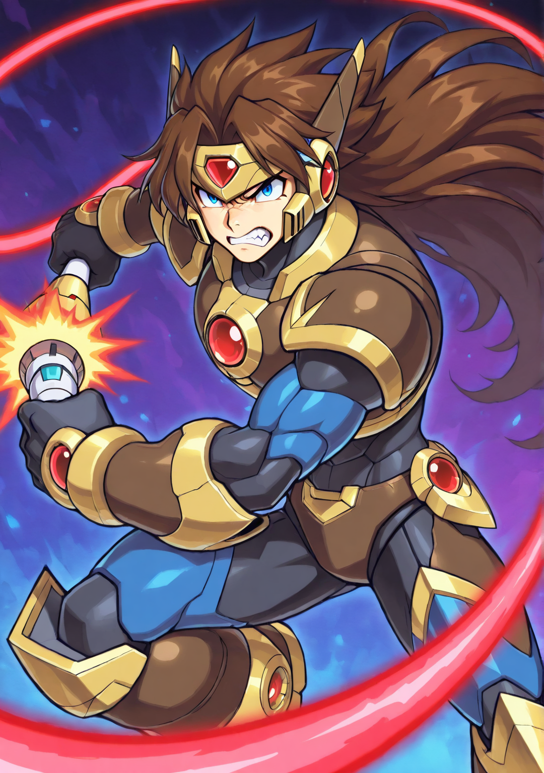 masterpiece,best quality,amazing quality, FMIXF2, XOVER, SIMOIL, muscular, toned male, robot armor, helmet, wrist armor, shoulder armor, chest armor, waist armor, red jewel, leg armor, robot ears, brown armor, solo, blue eyes, brown hair, long hair, headband, abstract background, (mega man x:0.6), holding weapon, laser whip, action pose, serious, grimace, teeth