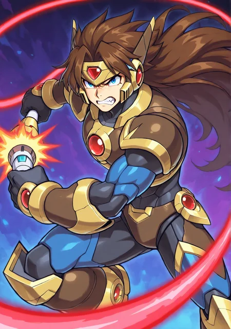 masterpiece,best quality,amazing quality, FMIXF2, XOVER, SIMOIL, muscular, toned male, robot armor, helmet, wrist armor, shoulder armor, chest armor, waist armor, red jewel, leg armor, robot ears, brown armor, solo, blue eyes, brown hair, long hair, headband, abstract background, (mega man x:0.6), holding weapon, laser whip, action pose, serious, grimace, teeth