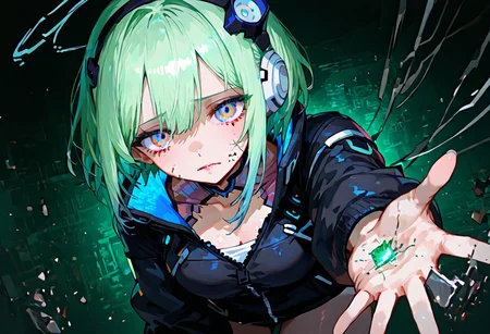 (masterpiece:1.5), (best quality:1.4), (ultra-detailed), (digital art), (glitchcore aesthetic), (neo-cyberpunk), (fragmented composition), (high contrast lighting)
((mysterious humanoid figure)), ((fragmented body with glitch distortions)), ((face partially pixelated or smeared with RGB separation)),
((futuristic outfit with digital veins glowing in blue and magenta)), ((static-like texture across arms and chest)), ((data corruption symbols embedded into skin or clothing))
((background: collapsing digital cityscape)), ((floating UI fragments, broken HUDs, digital rain)), ((cracked screens hovering in mid-air)),
((glitch effects: color channel splits, VHS lines, visual tearing)), ((holographic debris flying around)), ((strong ambient light from unknown source))
((pose: standing mid-step as if in a system crash)), ((one hand reaching forward as pixels break off)), ((eyes glowing unnaturally through scanlines)),
((abstract geometry and ghosted duplicates of figure trailing behind)), ((high motion blur on edges, sharp detail on face))
((main colors: neon cyan, magenta, deep black, occasional green static)), ((noise filter overlay, distorted shadows)), ((digital chaos, surreal yet grounded))