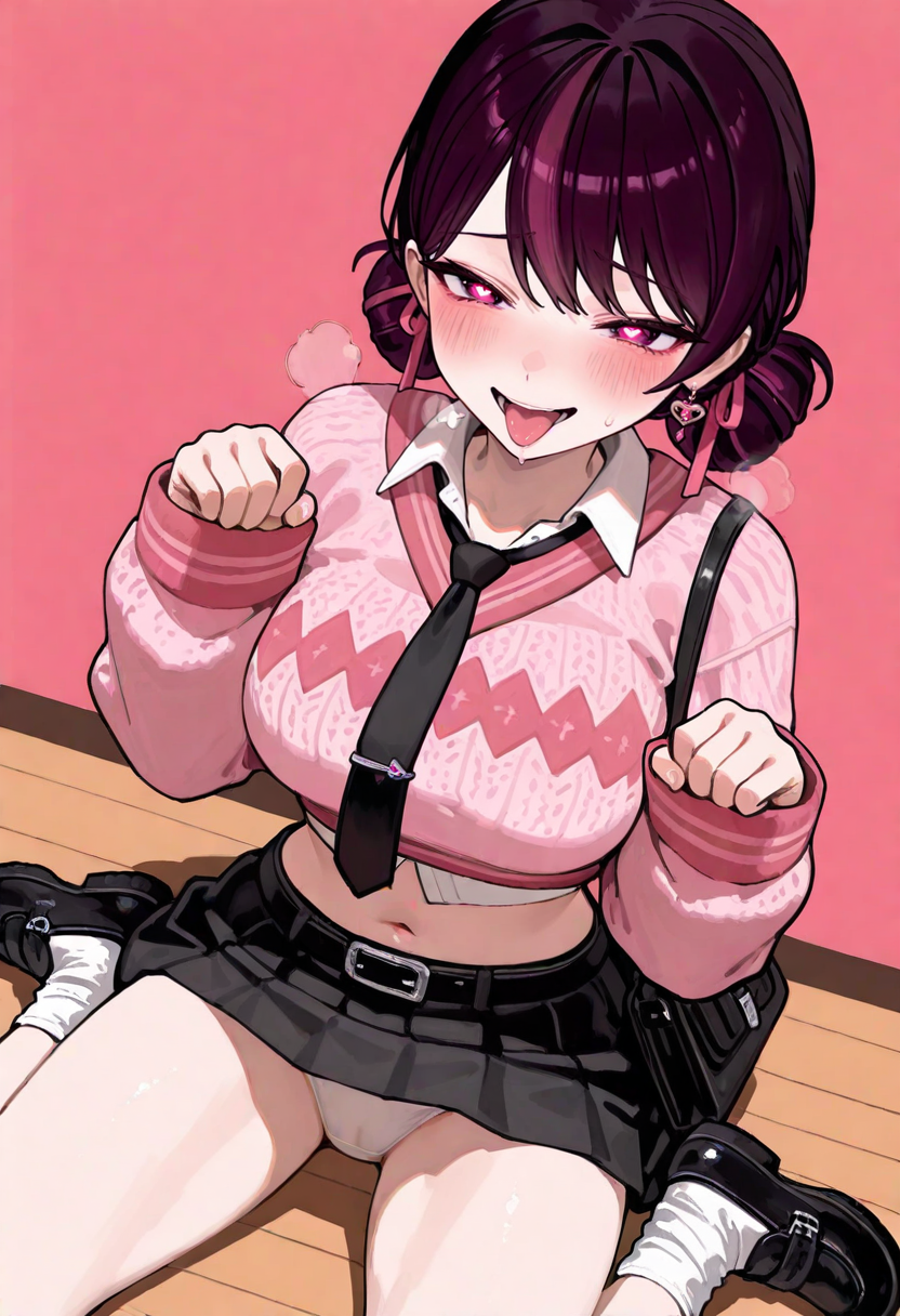 uncensored, large breasts, detailed body, detailed eyes, narrow waist, (dutch angle, dynamic pose:1.2), cowboy shot,
mature female, korean, korean idol, (mature eyes:1.2),
(pale skin:1.1), (blush:1.2), (looking at viewer:1.1), naughty face, ahegao, heart-shaped pupils,
indoors, classroom, wariza, from above, pov, spread legs, white panties, paw pose, upskirt, skirt lift,
(1girl, solo:1.1), pink background, simple background,
complexion, healthy glow, long waist, long legs, breath, long necktie,
masterpiece, best quality, good quality, newest, very aesthetic, absurdres,
<lora:ë¥´ì°ì_ì£¼ë¥´ë¥´:0.7> ruyeonsi, purple hair, pink streaked hair, pleated skirt, heart earrings, collared shirt, pink sweater, hair behind ear, midriff, shoulder bag, belt, sweater, long necktie, black necktie, pink ribbon, hair ribbon, miniskirt, navel, diamond pattern, silver tie clip, socks, black footwear,